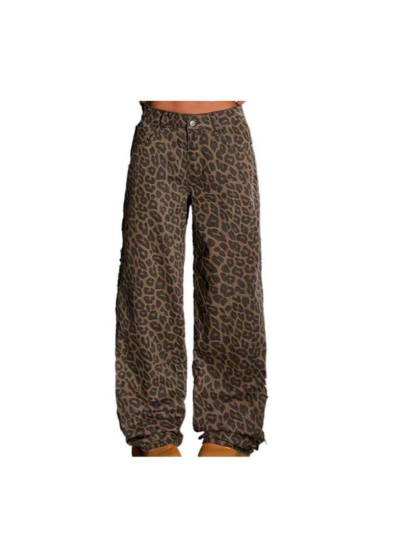 Leopard Print Vintage Washed High Waist Straight Denim Jeans - Image 4