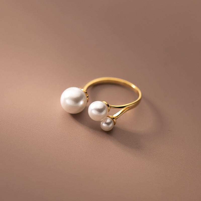 S925 Silver Adjustable Open Ring with Synthetic Pearl Bead for Women Fashion Jewelry - Image 2