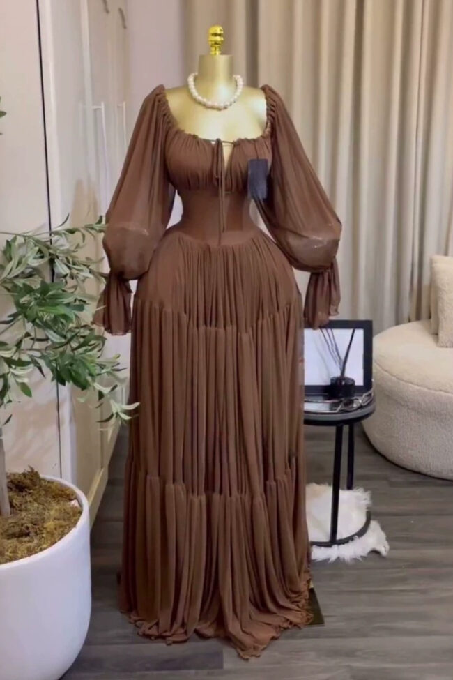 The Fabienne Elegant Lantern Sleeve Tie Slim Fit Pleated Long Dress Detail – La Rose Couture Dresses & Gowns