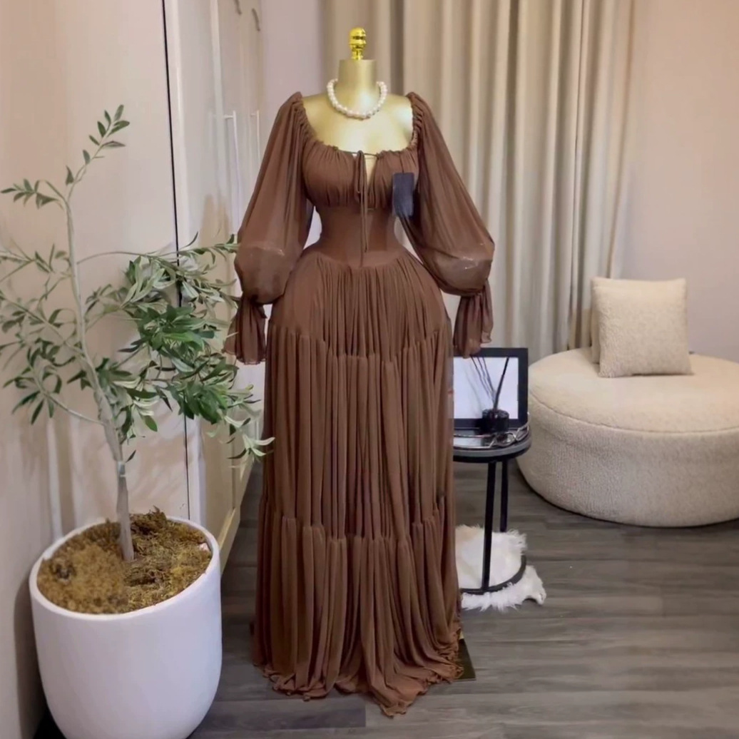 elegant lantern sleeve tie slim-fit pleated long dress - Image 2