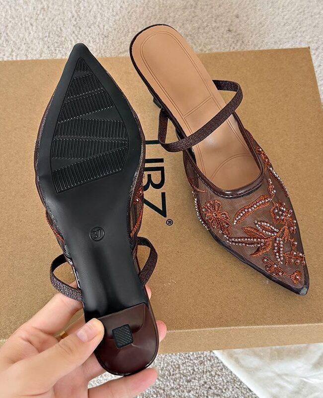 The Faustine Lace Pointed Toe Mule Sandals Detail – La Rose Couture Shoes & Footwear