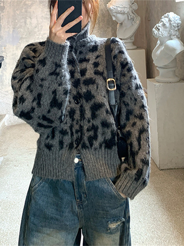 Retro Leopard Print Knit Cardigan - Image 4