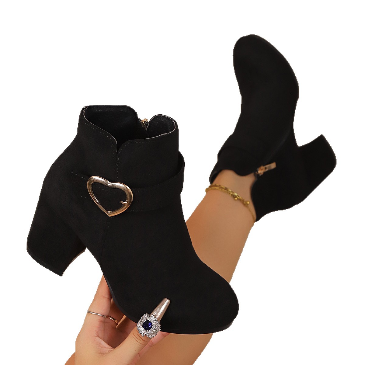 Women's Suede Thick Heel Boots with Metal Buckle and Side Zipper - Image 3
