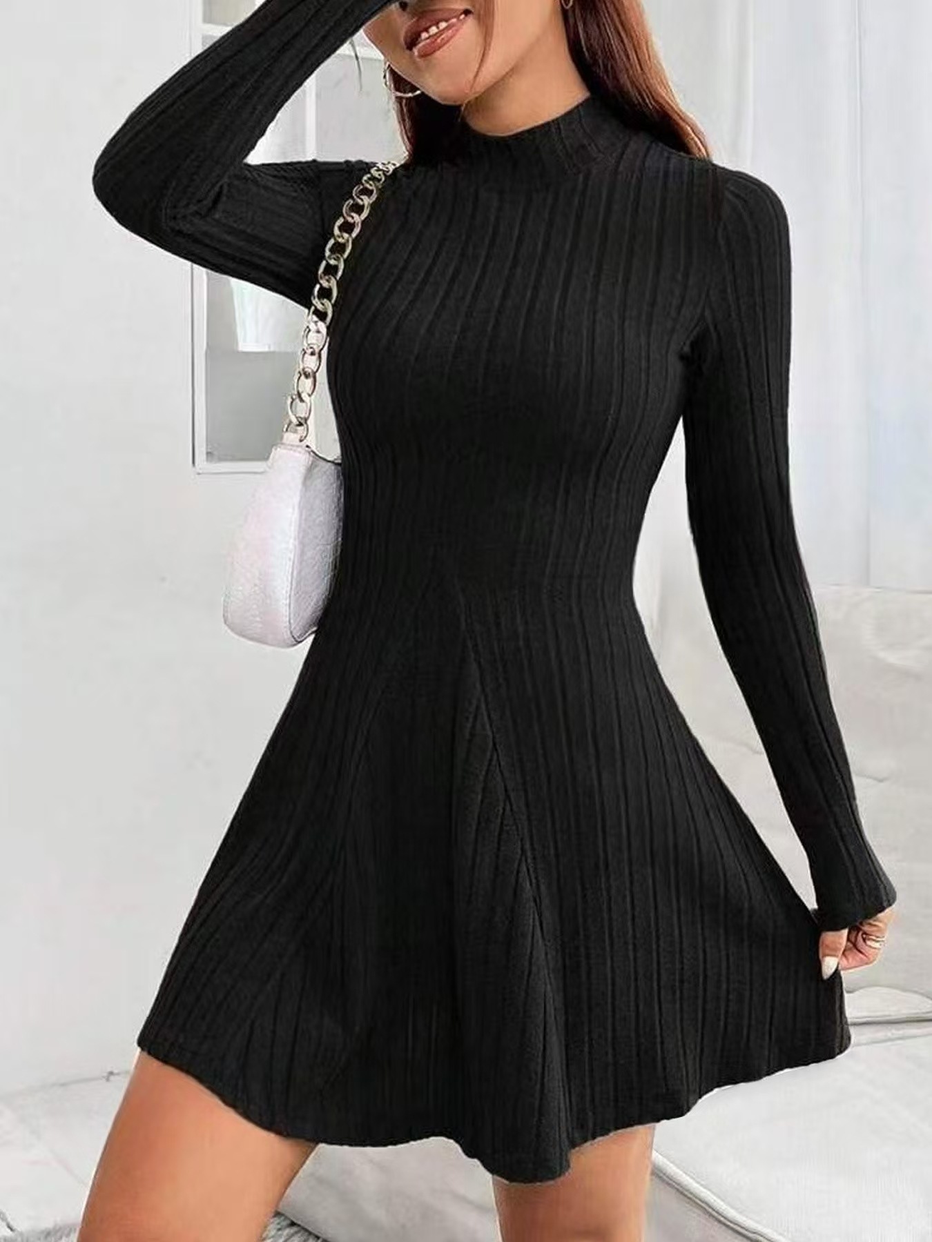 Women's Slim Fit Solid Color Long Sleeve Knitted Dress - Image 2