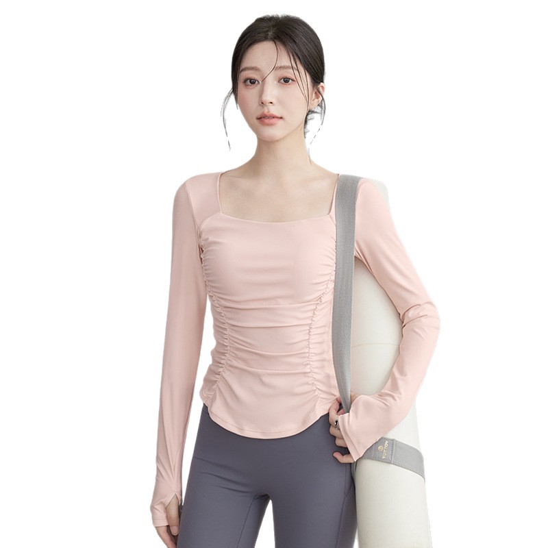 Women Long Sleeve Pleated Fitness Yoga Top with Chest Pad - Image 2