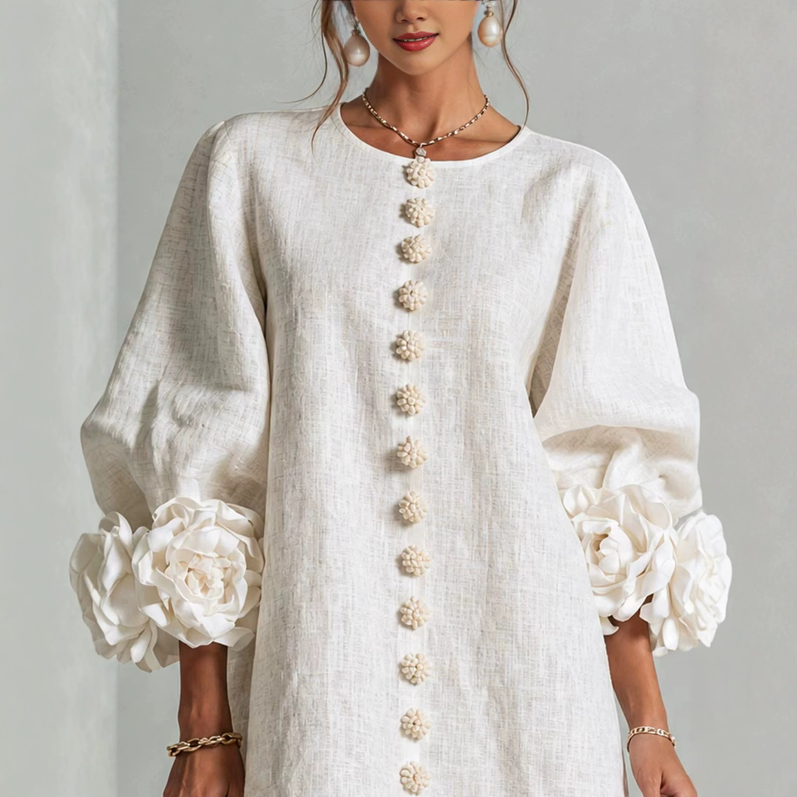French Floral Cotton Linen A-Line Dress