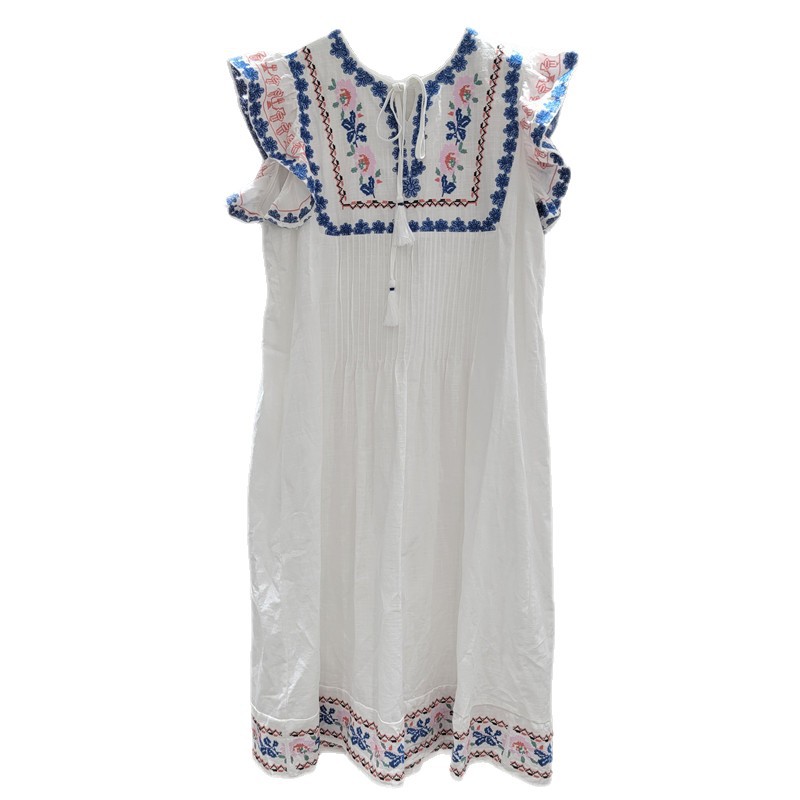 White Embroidered Puff Short Sleeve Dress for Women Summer Ethnic Style - Image 5