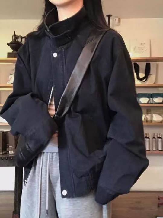 Women's Korean Style Stand Collar Zip Jacket Autumn Winter Chic Outwear