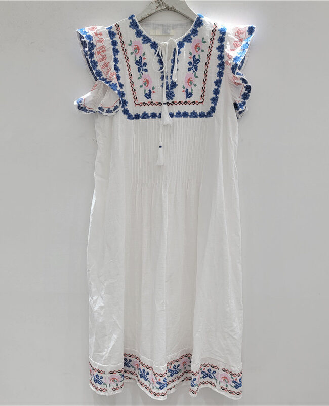 The Eleonore White Embroidered Puff Short Sleeve Dress for Summer Ethnic Style Detail – La Rose Couture Dresses & Gowns