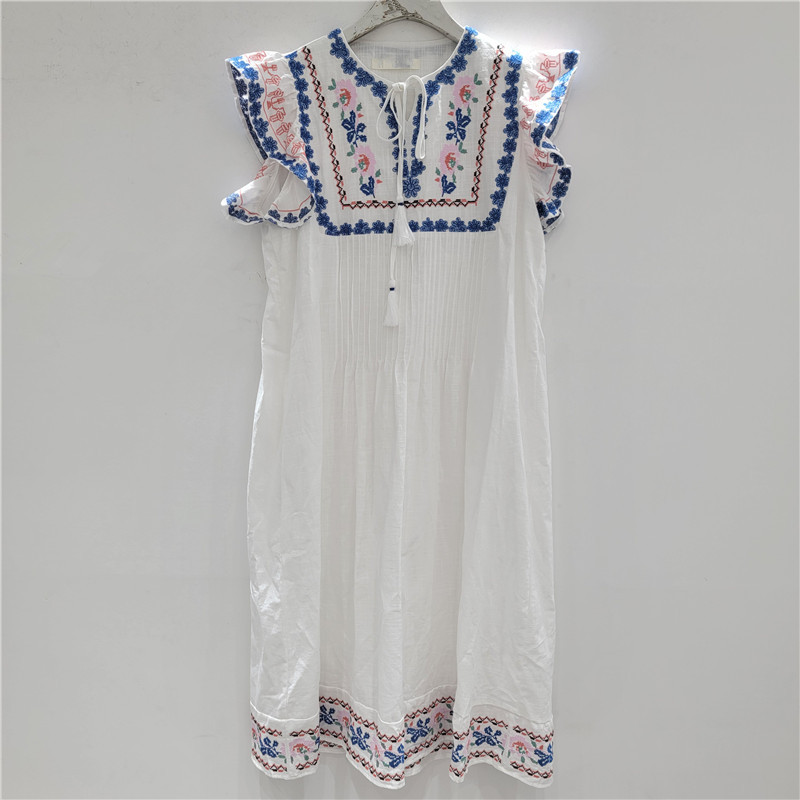 White Embroidered Puff Short Sleeve Dress for Women Summer Ethnic Style - Image 2