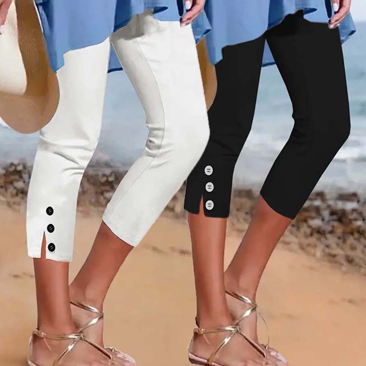 Women's mid-thigh elastic buttoned decorative capri pants