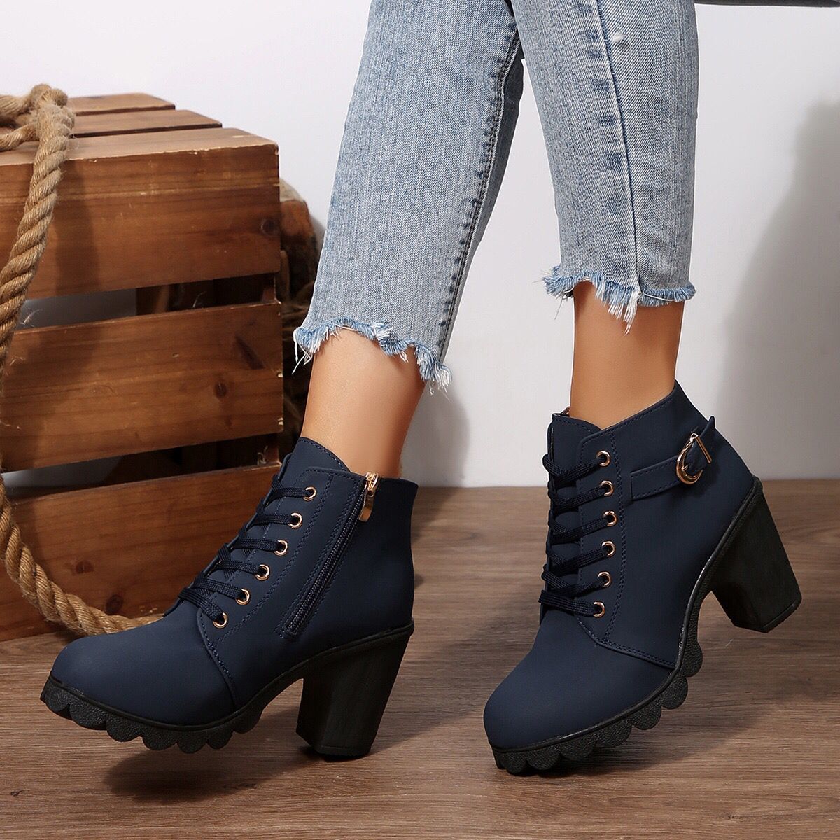 Women Chunky Heel Lace Up Ankle Boots - Image 2