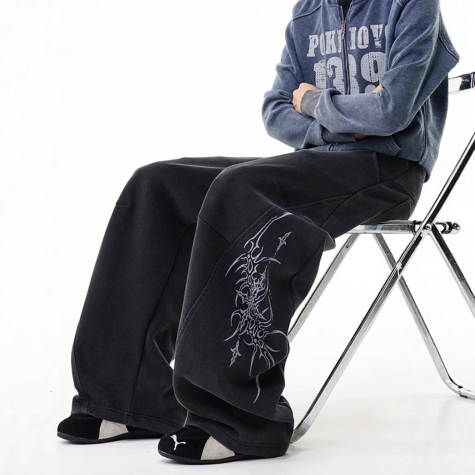 Mens Loose Fit Drawstring Pants Letter Print Wide Leg Casual Trousers