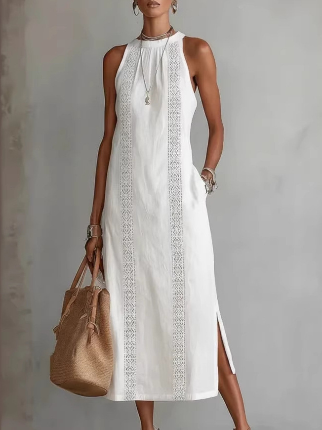 Womens Halter Neck Lace Patchwork Sleeveless Dress