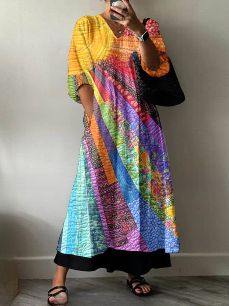 Womens Loose VNeck Long Sleeve Print Dress