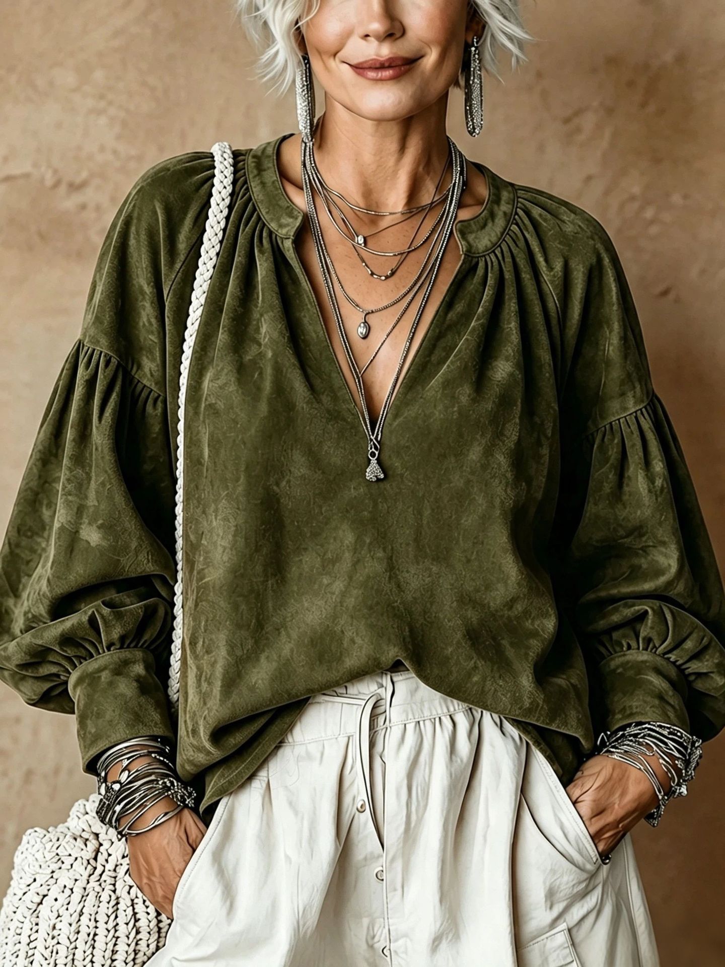 Women's Retro Ruched V-Neck Suede Loose Top - Image 4