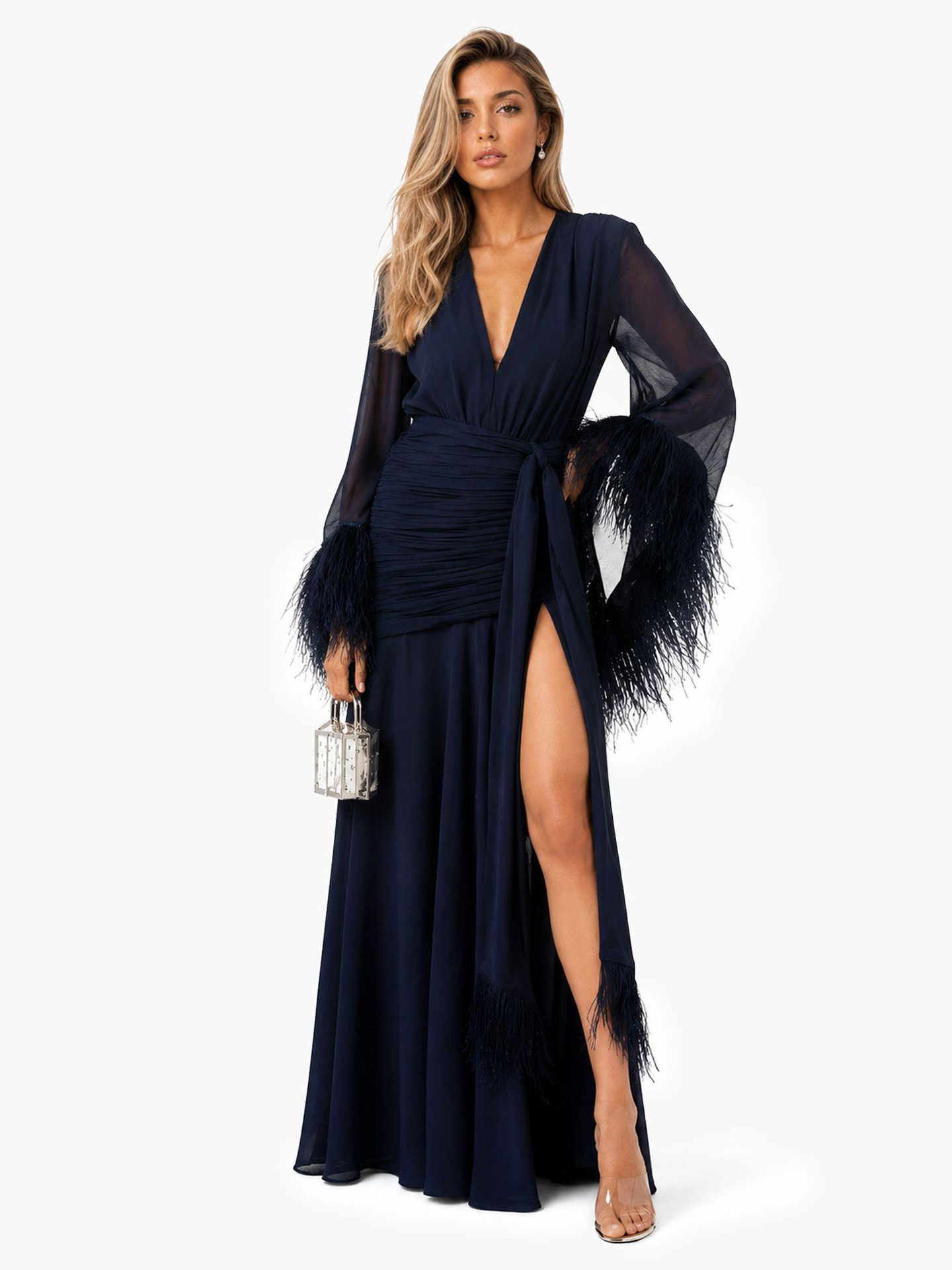 Elegant Solid Color Long Sleeve Evening Dress - Image 5
