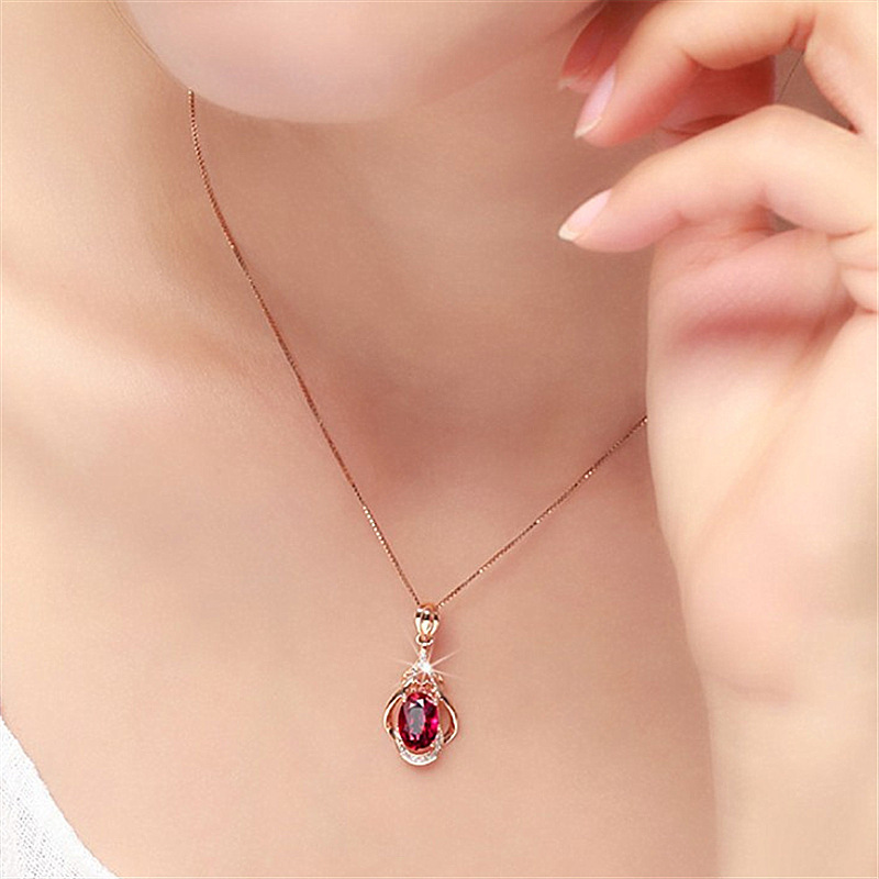 Rose Gold Plated Red Tourmaline Water Drop Gemstone Pendant Necklace with Chain - Image 3