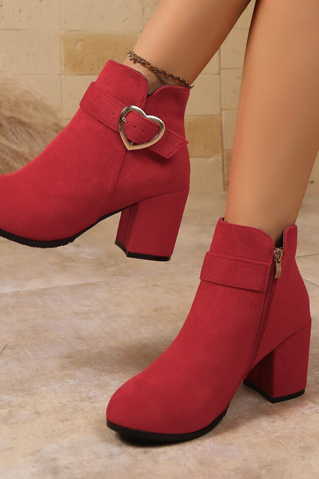 The Daphne Suede Thick Heel Boots with Metal Buckle and Side Zipper Detail – La Rose Couture Shoes & Footwear