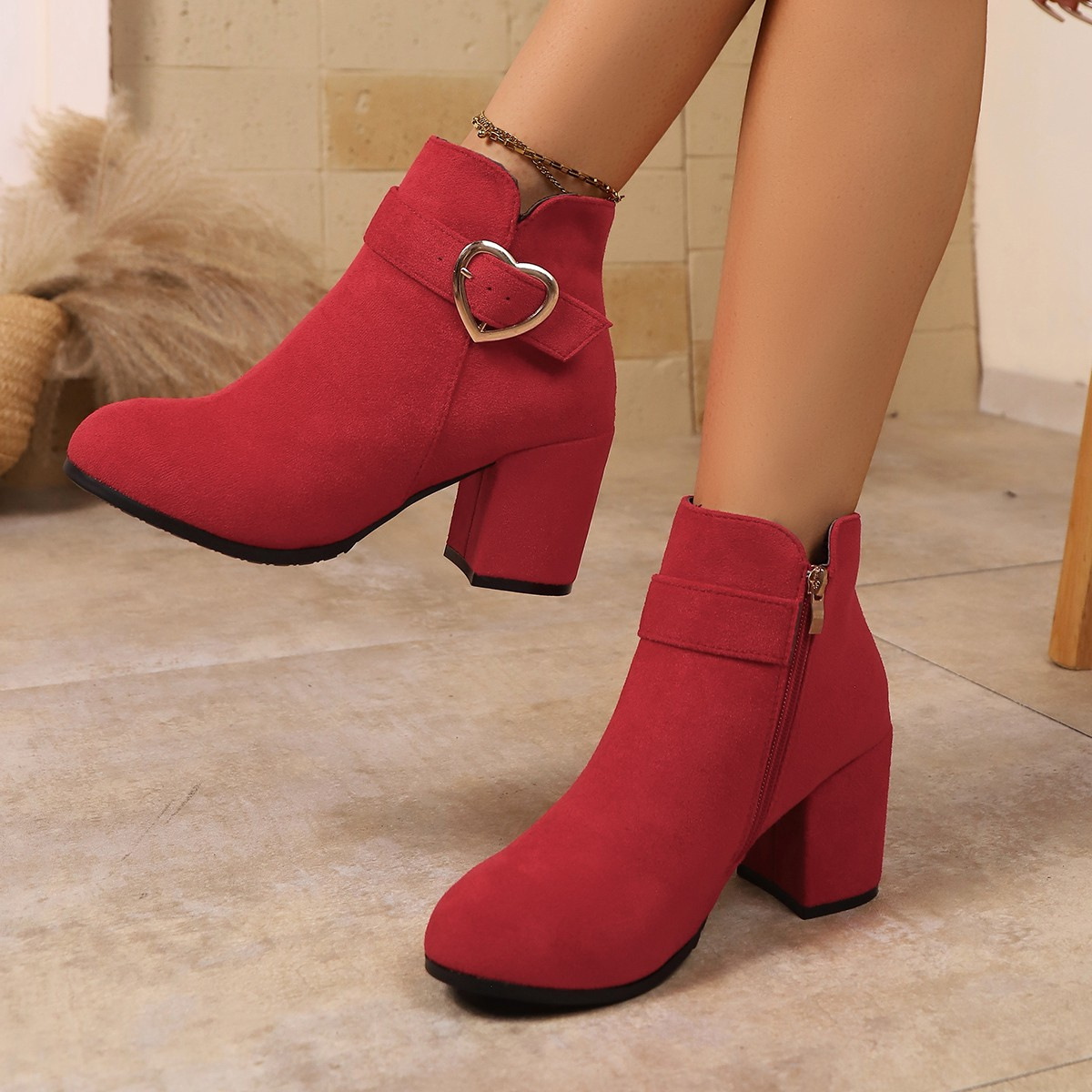 Women's Suede Thick Heel Boots with Metal Buckle and Side Zipper - Image 2