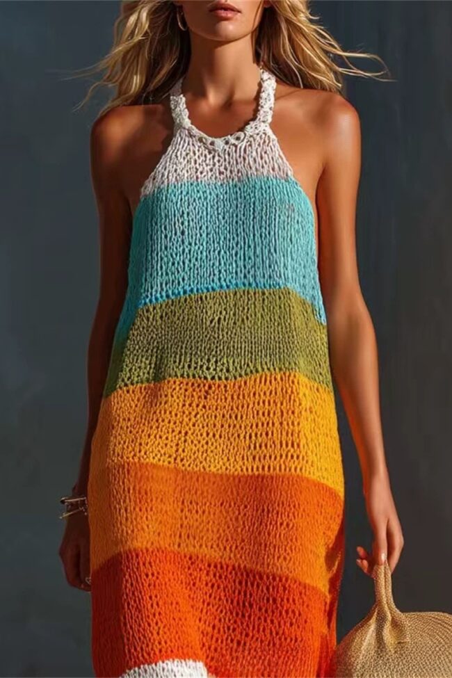 The Anais Large Stripe Patchwork Round Neck Sleeveless Knit Long Dress Detail – La Rose Couture Dresses & Gowns
