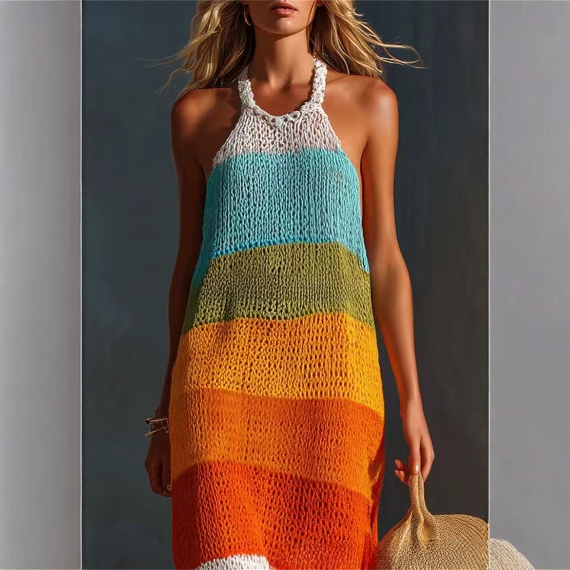 Large Stripe Patchwork Round Neck Sleeveless Knit Long Dress - Image 5