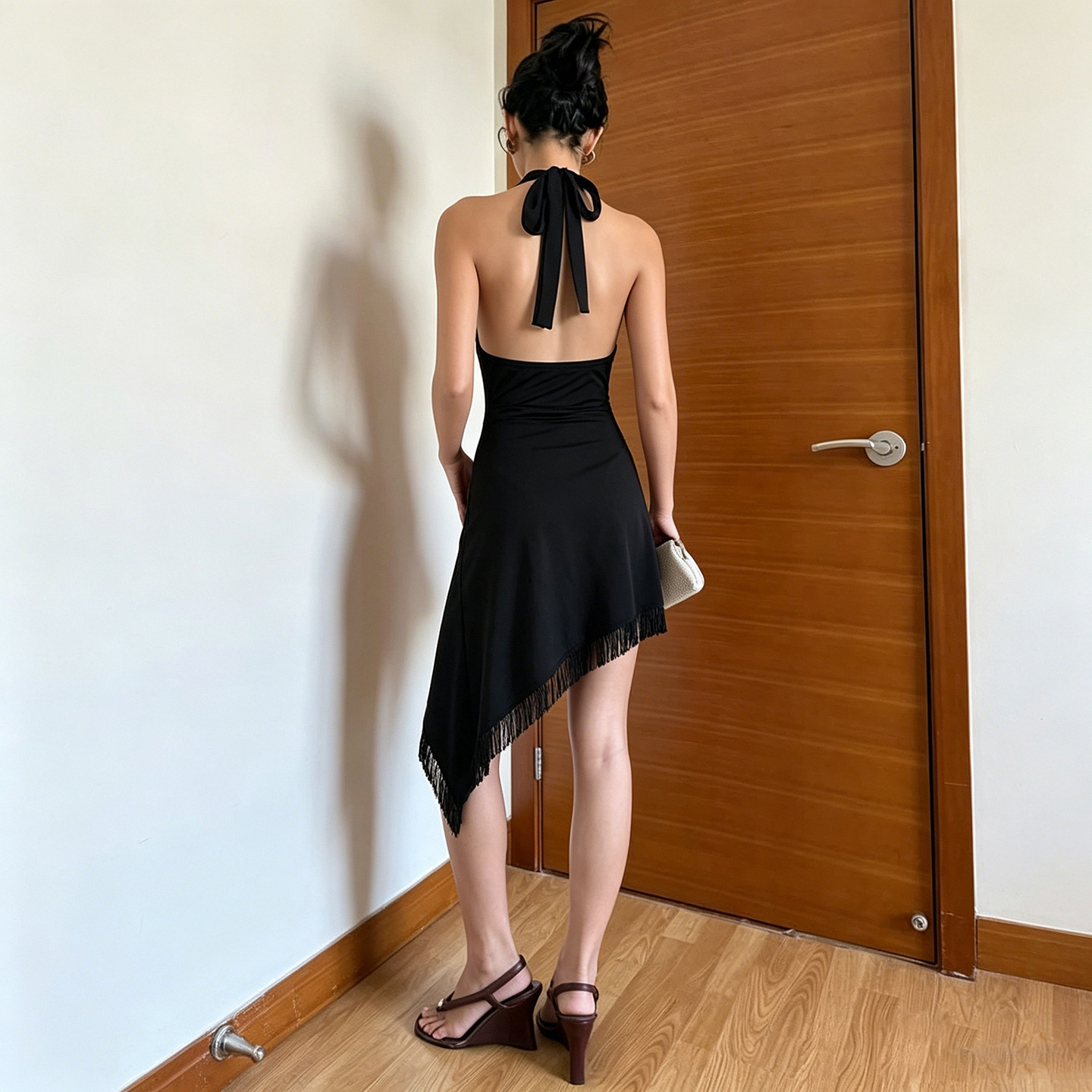 Sexy Tassel Patchwork Deep V Halter Neck Dress - Image 4