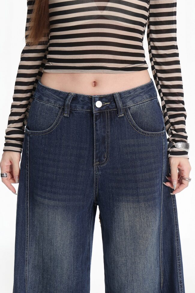The Camille Retro Blue Bamboo Pattern Straight Leg Floor Length Jeans Detail – La Rose Couture Trousers & Skirts