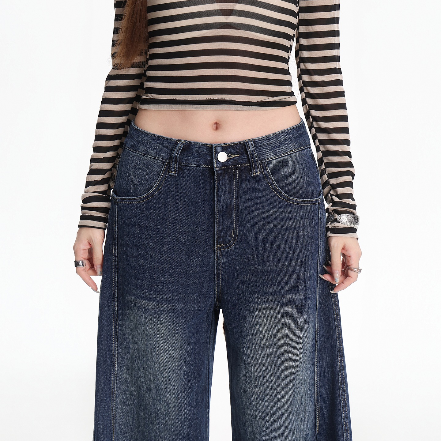 Women's Retro Blue Bamboo Pattern Straight-Leg Floor-Length Jeans - Image 2