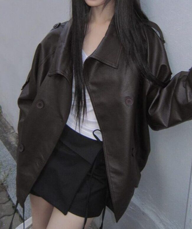 The Clarisse Korean Vintage Double Breasted Stand Up Collar Leather Jacket Detail – La Rose Couture Coats & Jackets