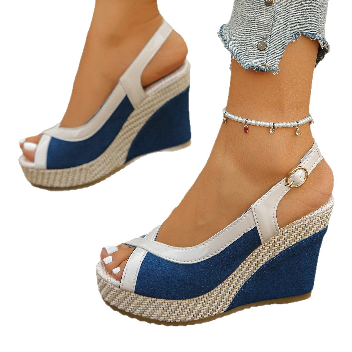 Women Summer Suede Wedge Platform Fish Mouth Sandals Color Blocking - Image 5