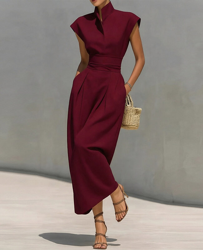 The Nina Elegant Stand Collar Flutter Sleeve Dress Detail – La Rose Couture Dresses & Gowns