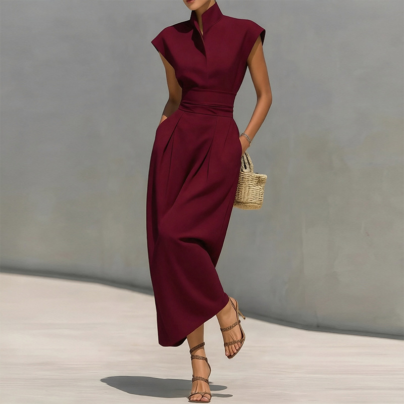 Elegant Stand Collar Flutter Sleeve Dress - Image 3