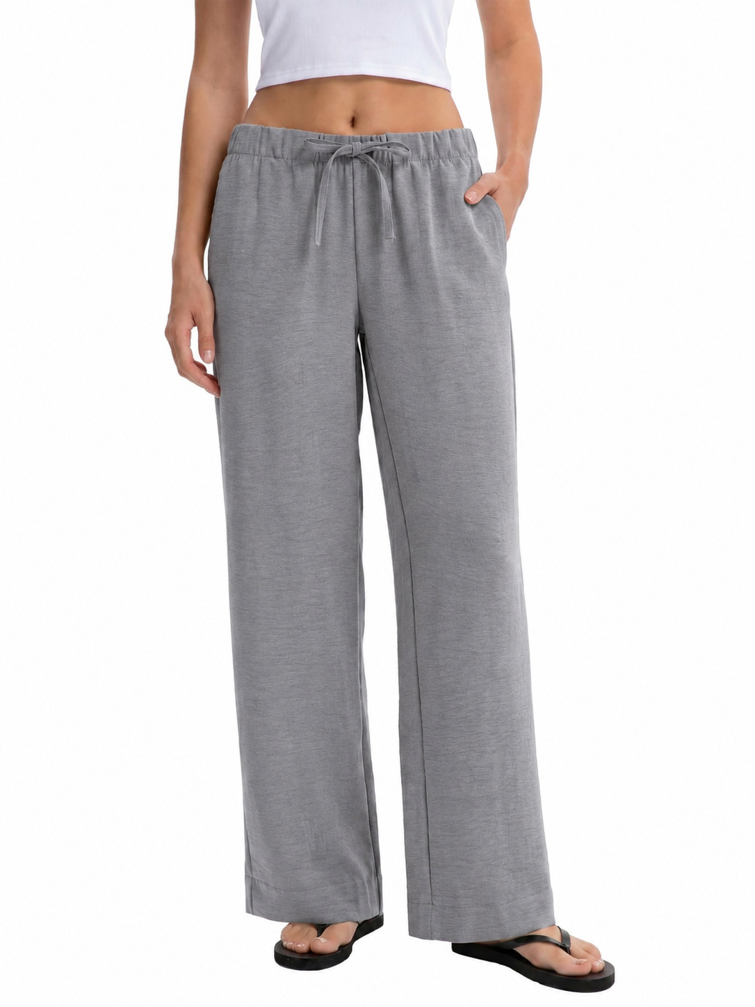 Women Elastic Waist Drawstring Wide Leg Pants - Image 2