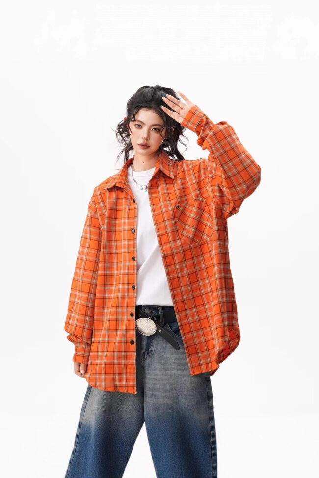The Marine Retro Orange Plaid Loose Long Sleeve Lapel Shirt Detail – La Rose Couture Tops & Blouses