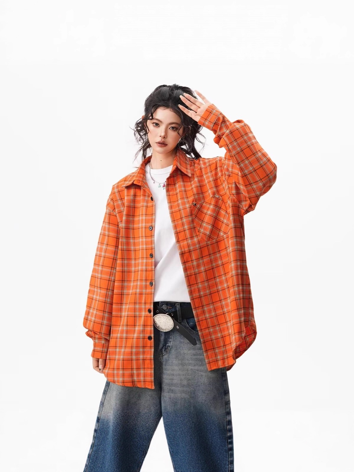 Retro Orange Plaid Loose Long Sleeve Lapel Shirt - Image 2