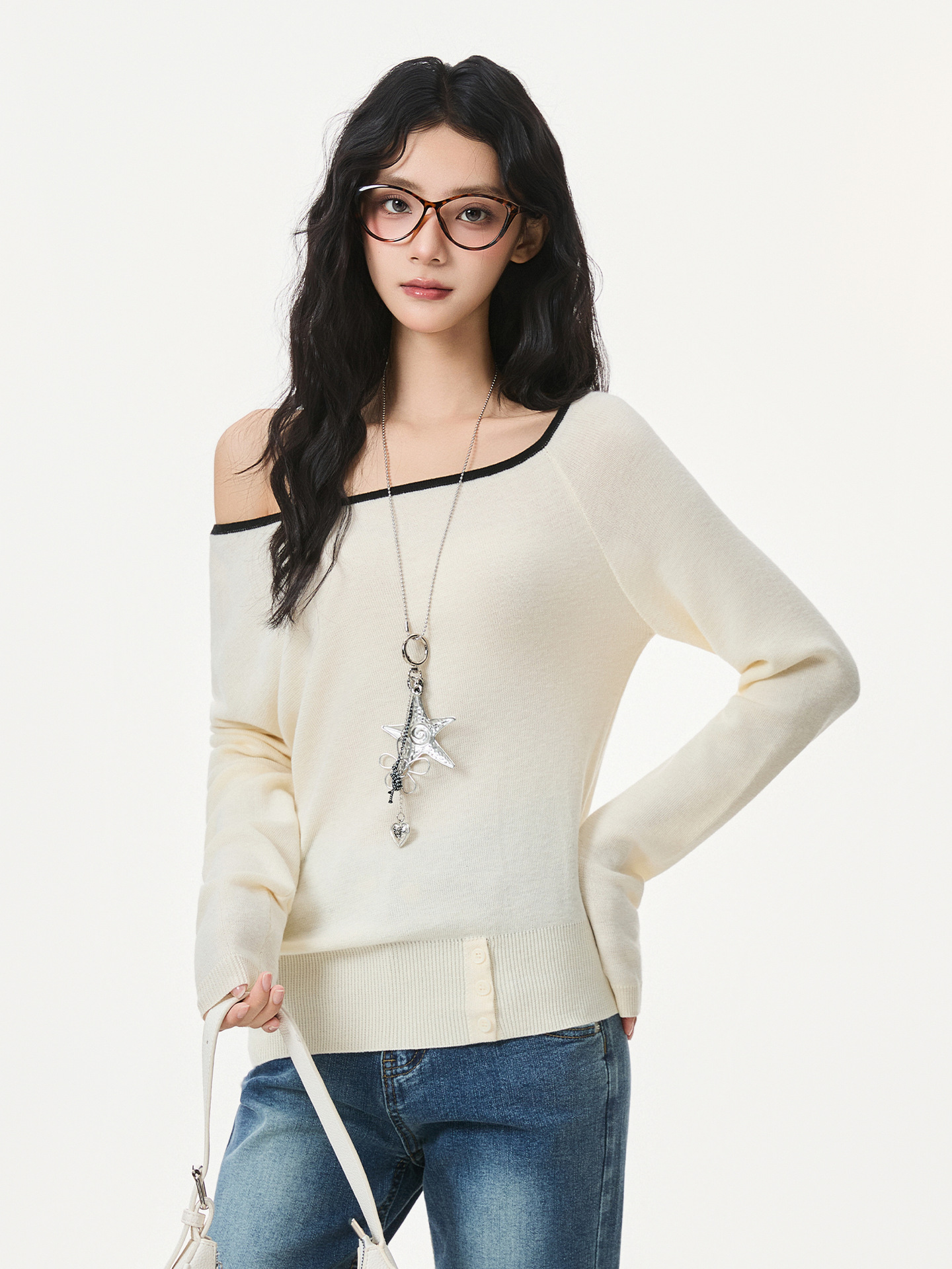 One-Shoulder Long Sleeve Knit Sweater