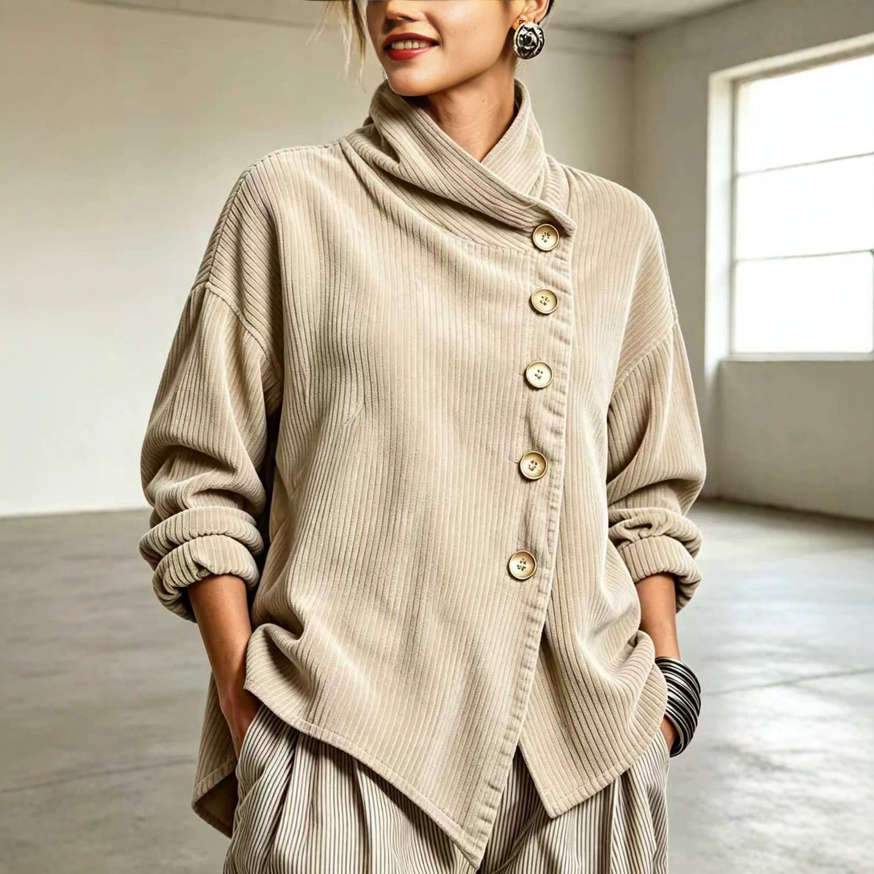 Women's Autumn Winter Corduroy Asymmetric Off-Shoulder Jacket - Image 2