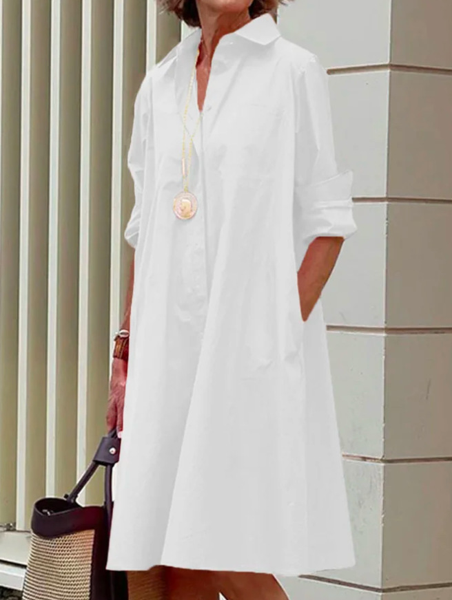 Women Solid Color Polo Collar Long Sleeve Mid-Length Dress - Image 2