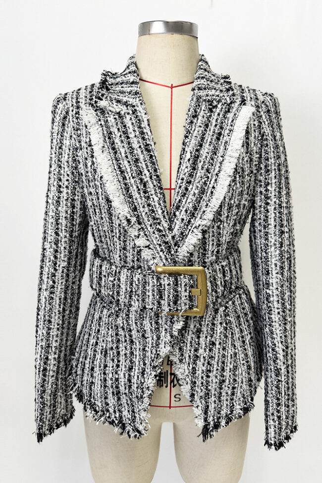 The Audrey Fringed Tweed Jacket Slim Fit Belted Suit Collar Long Sleeve Coat Detail – La Rose Couture Coats & Jackets