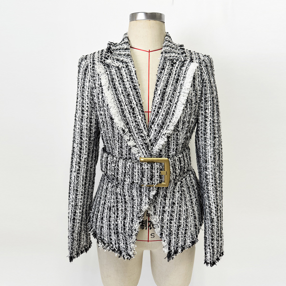 Women's Fringed Tweed Jacket Slim Fit Belted Suit Collar Long Sleeve Coat - Image 3