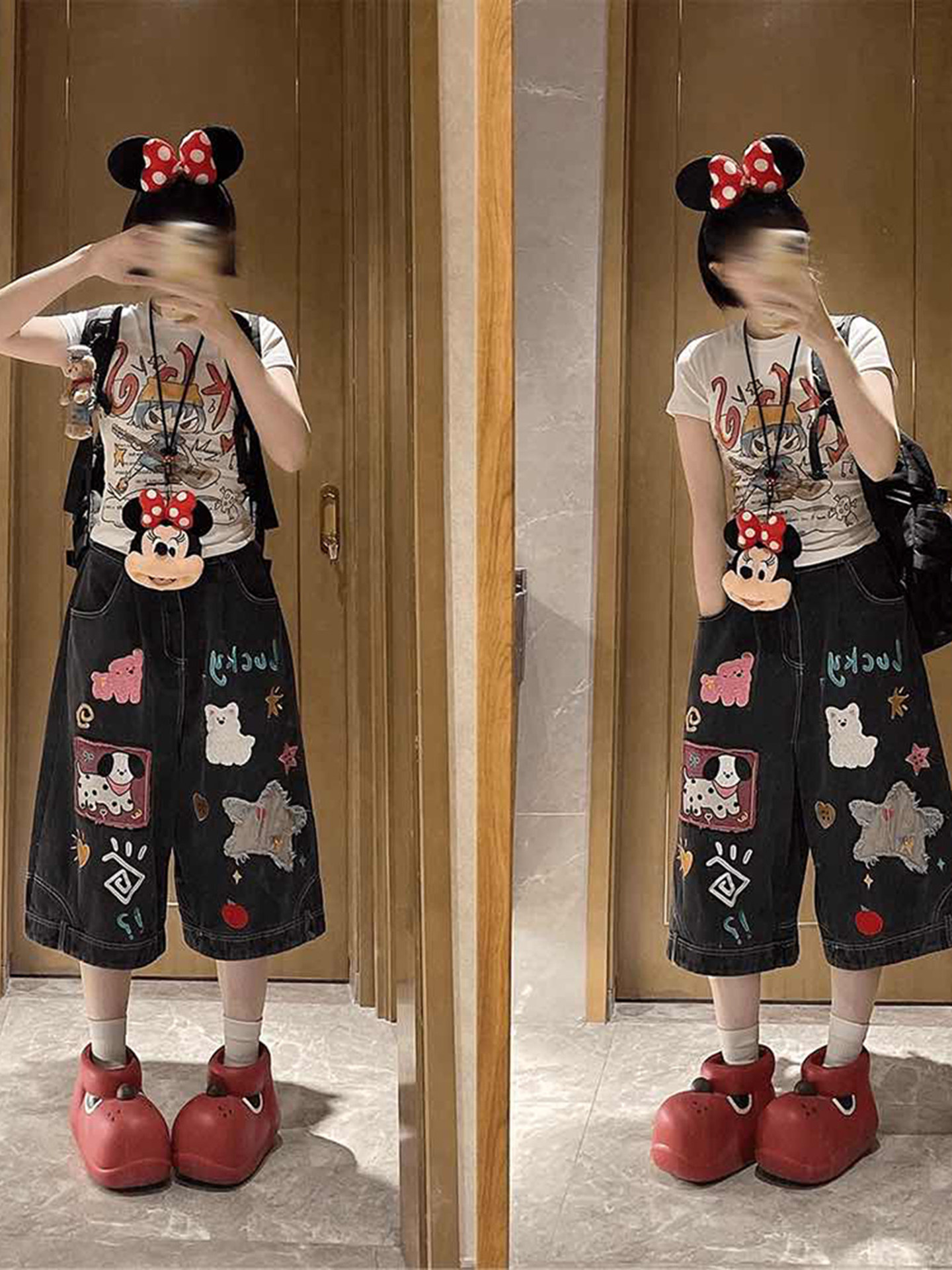 Embroidered Denim Cropped Wide-Leg Shorts