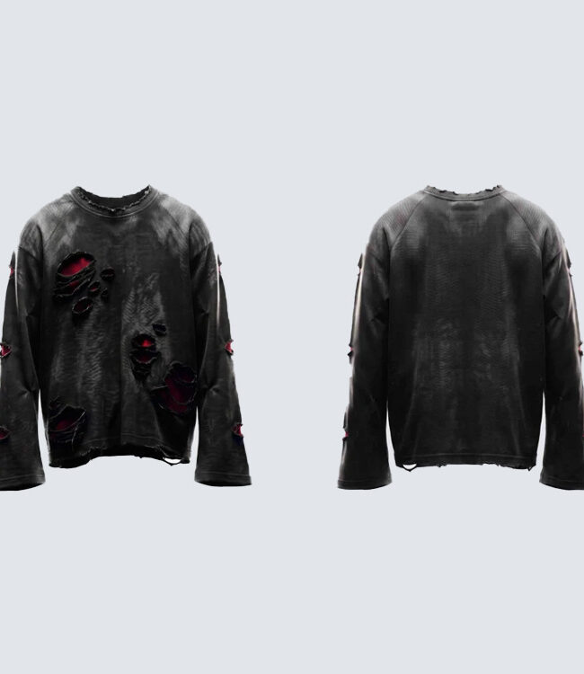 The Sixtine Distressed Ripped Long Sleeve Cotton T Shirt Solid Black Pullover Detail – La Rose Couture Tops & Blouses
