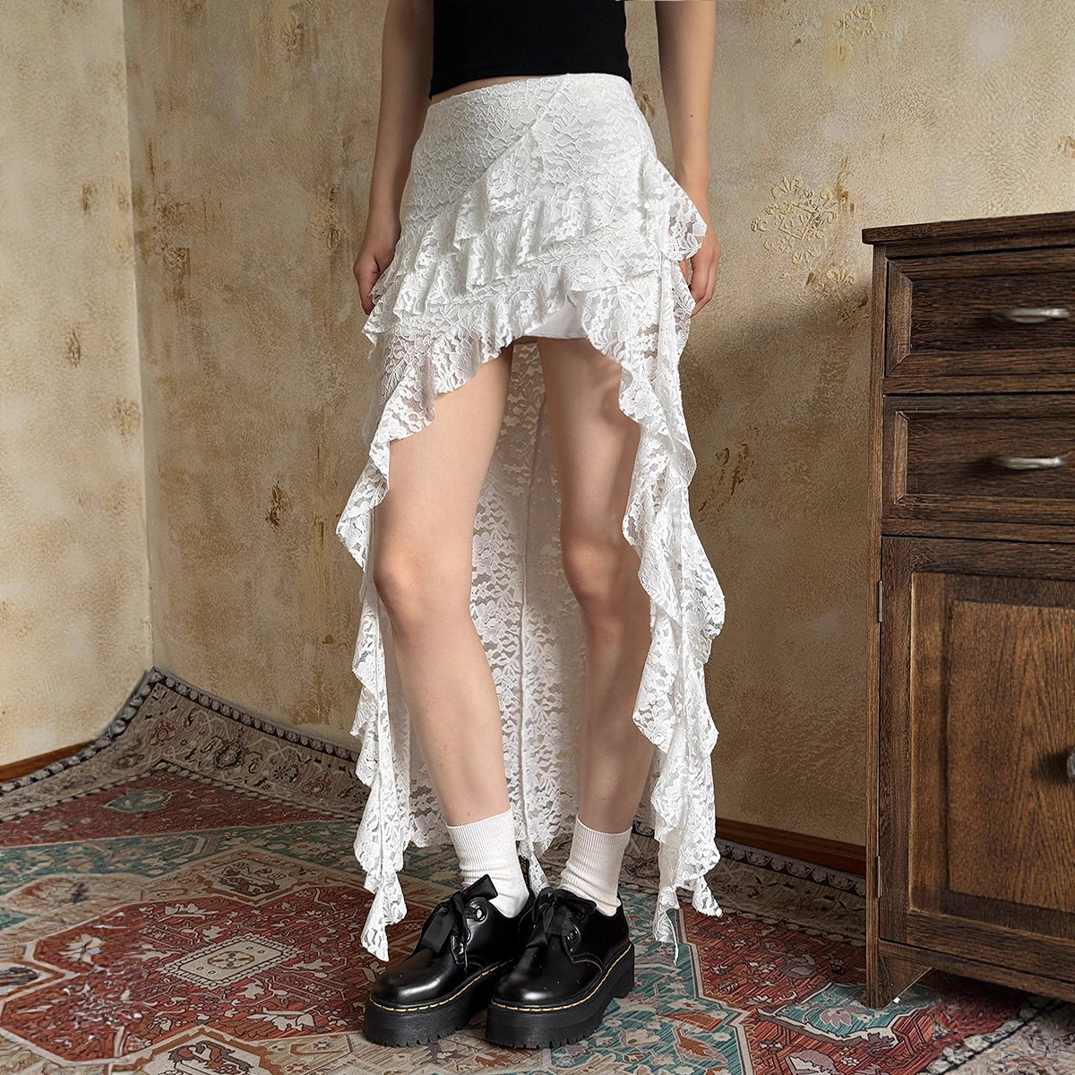 Women's Layered Mesh Overskirt with Irregular Hem and Lace Detail