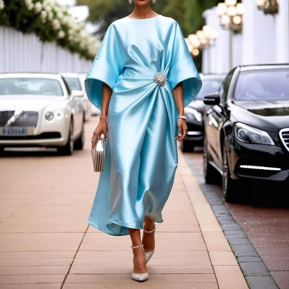 Womens Elegant Beaded Floral Satin Designer Dress - Image 2