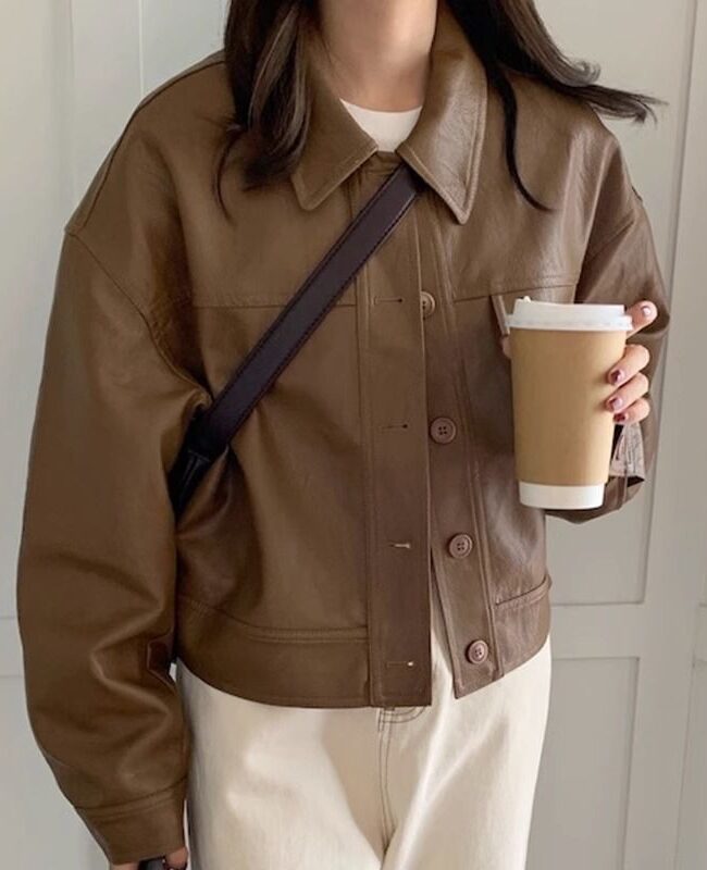 The Laurene Vintage Pu Leather Jacket Stand Collar Long Sleeve Zip Up Short Coat Detail – La Rose Couture Coats & Jackets