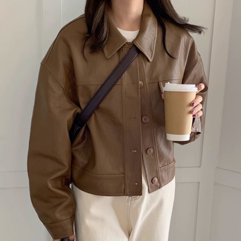 Women's Vintage PU Leather Jacket Stand Collar Long Sleeve Zip-Up Short Coat - Image 5