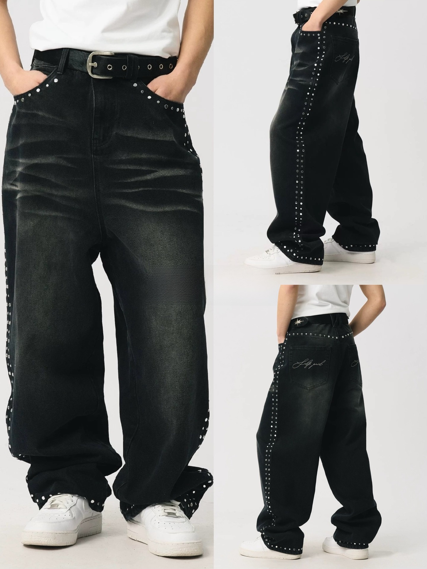 Bolt design black loose wide-leg jeans