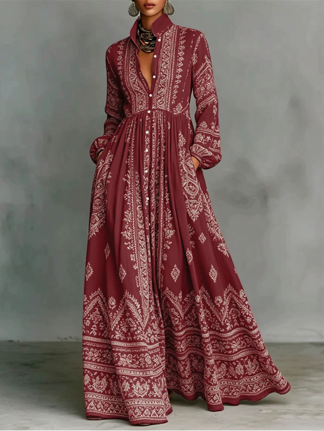 Printed V-neck long-sleeved dress