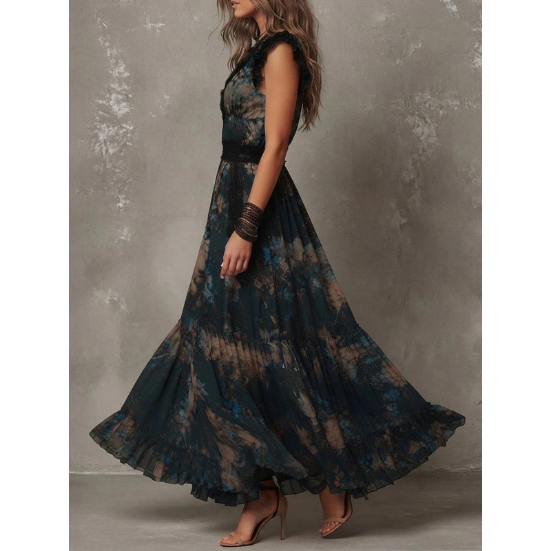 Floral Lace V-Neck Flutter Sleeve Chiffon Dress - Image 4